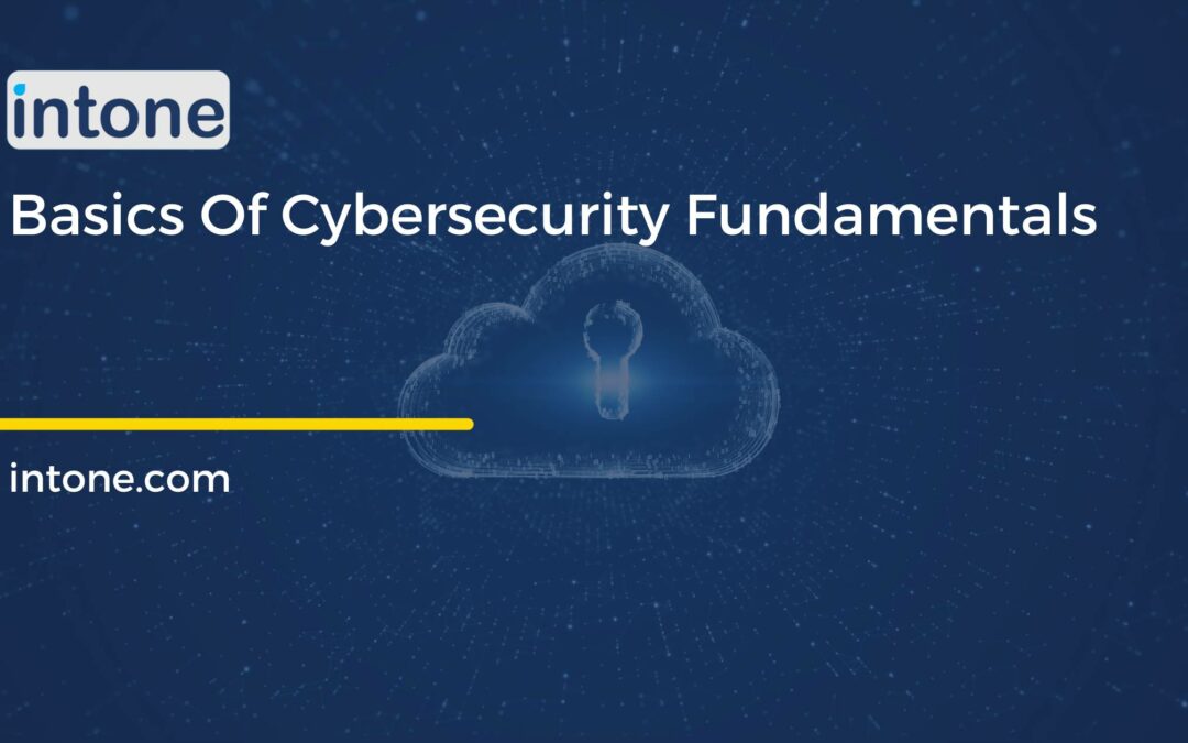 Cloud background with basics of cybersecurity fundamentals written over it